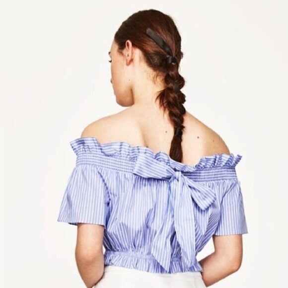 Zara Crop Top XS Off Shoulder Striped Ruffle Back Tie Summer Blue White Cinched - Picture 9 of 10